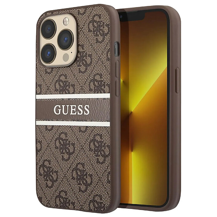 Guess Coque pour Apple iPhone 13 Pro PU 4G Stripe Marron