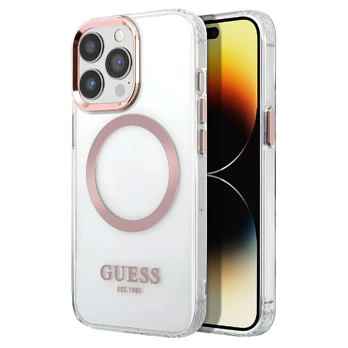Guess Coque Magsafe pour Apple iPhone 14 Pro Max TPU Gold Outline Transparent