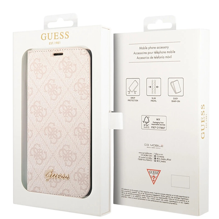 Guess Étui Folio pour iPhone 14 Plus Imprimé 4G Tendance Rose pas cher