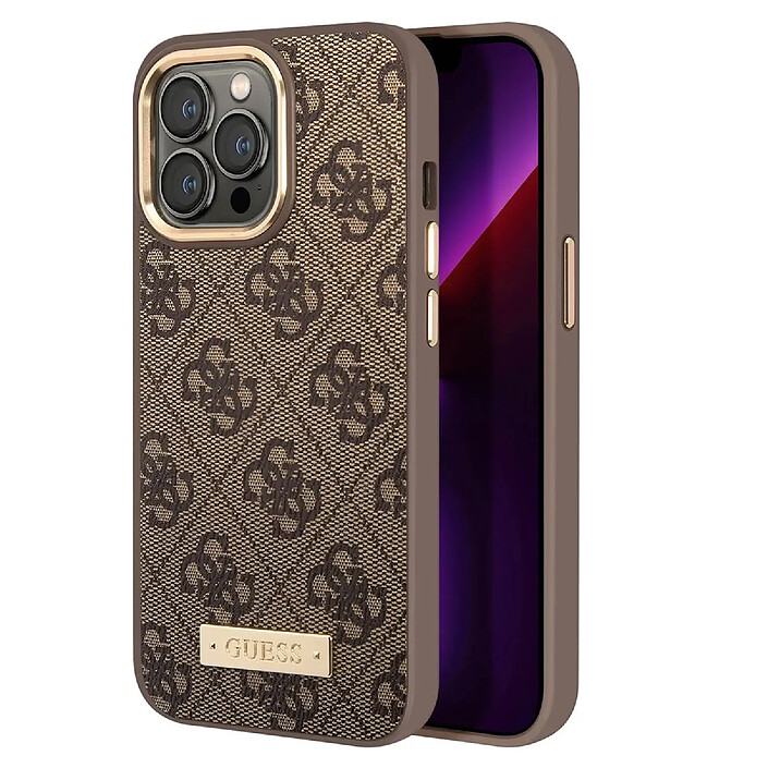 Guess Coque Magsafe pour Apple iPhone 13 Pro PU 4G Metal Plate Marron