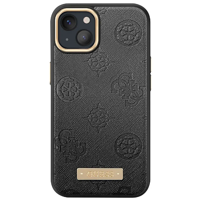 Guess Coque Magsafe pour Apple iPhone 13 PU Peony Metal Plate Noir