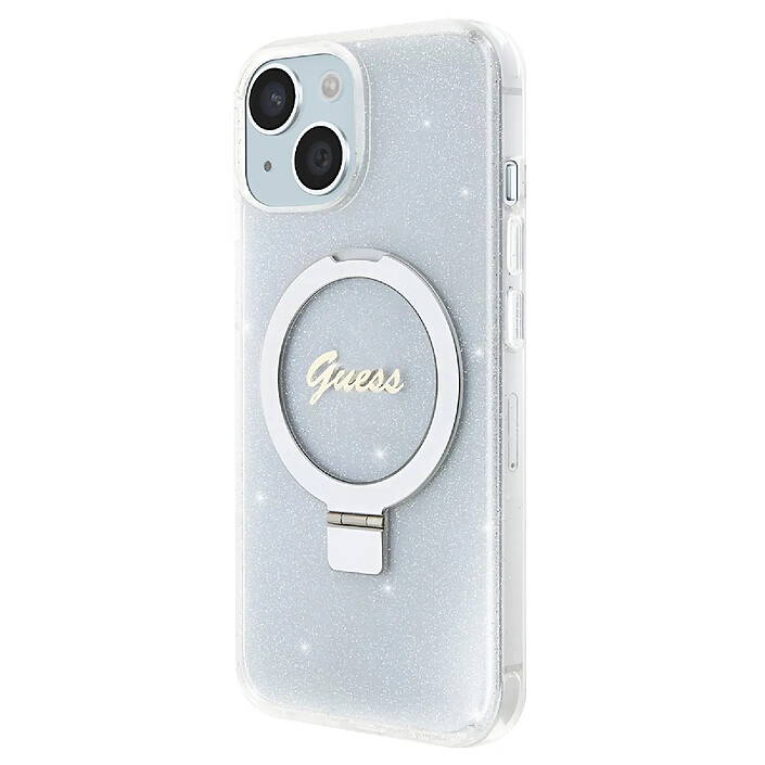 Guess Coque Magsafe pour Apple iPhone 15 TPU Ring Stand Transparent