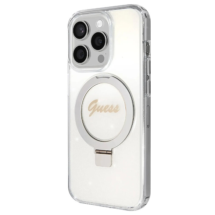 Guess Coque Magsafe pour Apple iPhone 15 Pro Max TPU Ring Stand Transparent