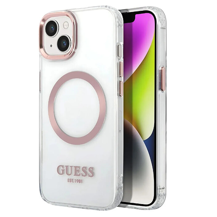 Guess Coque Magsafe pour Apple iPhone 14 TPU Gold Outline Transparent
