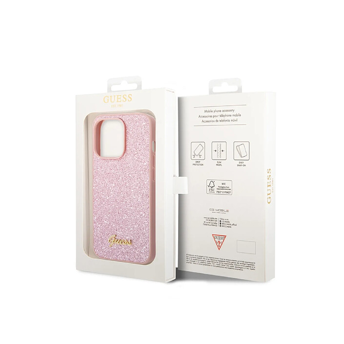 Avis Guess Coque pour Apple iPhone 14 Pro Max TPU Glitter Script Rose