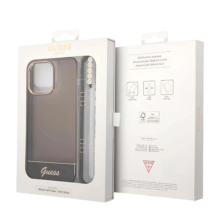 Guess Coque pour Apple iPhone 14 Pro Max Colors avec lanière perlée Noir pas cher