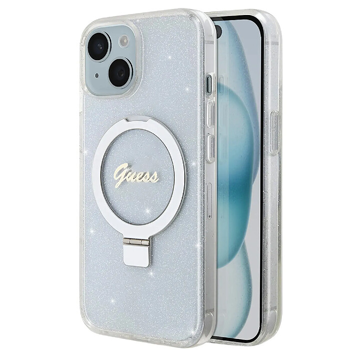 Guess Coque Magsafe pour Apple iPhone 15 Plus TPU Ring Stand Transparent