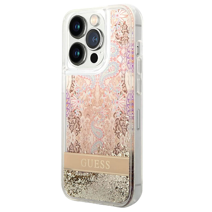 Guess Coque pour Apple iPhone 14 Pro Max Flowers à paillettes flottantes Dorée