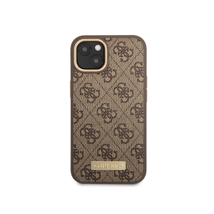 Guess Coque Magsafe pour Apple iPhone 14 Plus PU 4G Metal Plate Marron