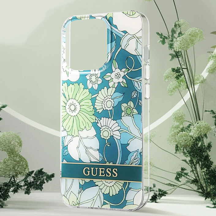 Guess Coque pour Apple iPhone 13 Pro Flowers avec lanière nylon Bleu pas cher