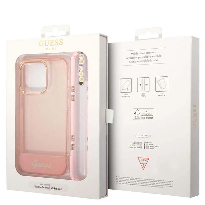 Guess Coque pour Apple iPhone 14 Pro Colors avec lanière perlée Rose pas cher