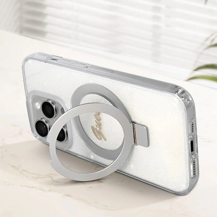 Guess Coque Magsafe pour Apple iPhone 15 Pro TPU Ring Stand Transparent pas cher