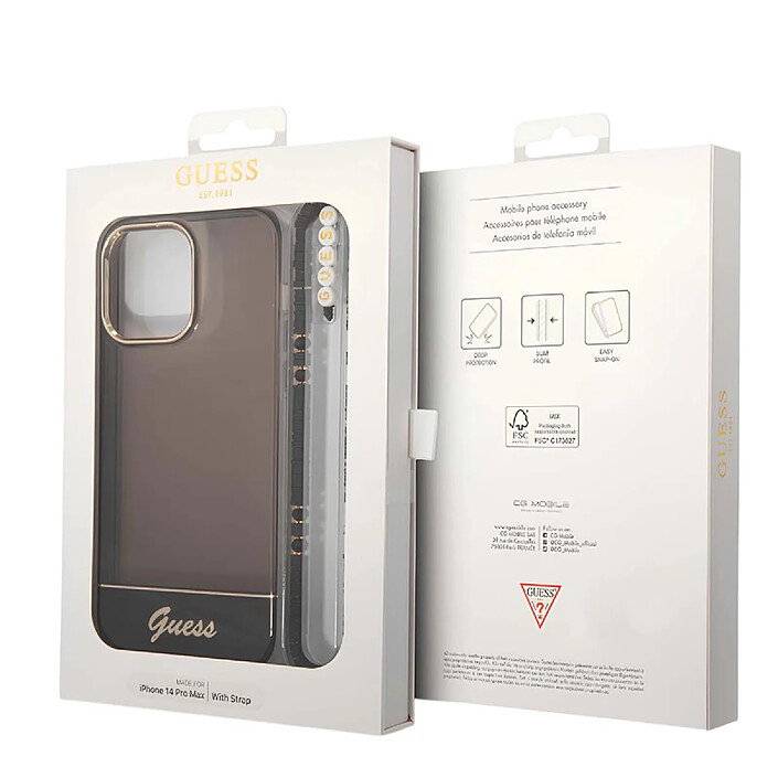 Guess Coque pour Apple iPhone 14 Colors avec lanière perlée Noir pas cher