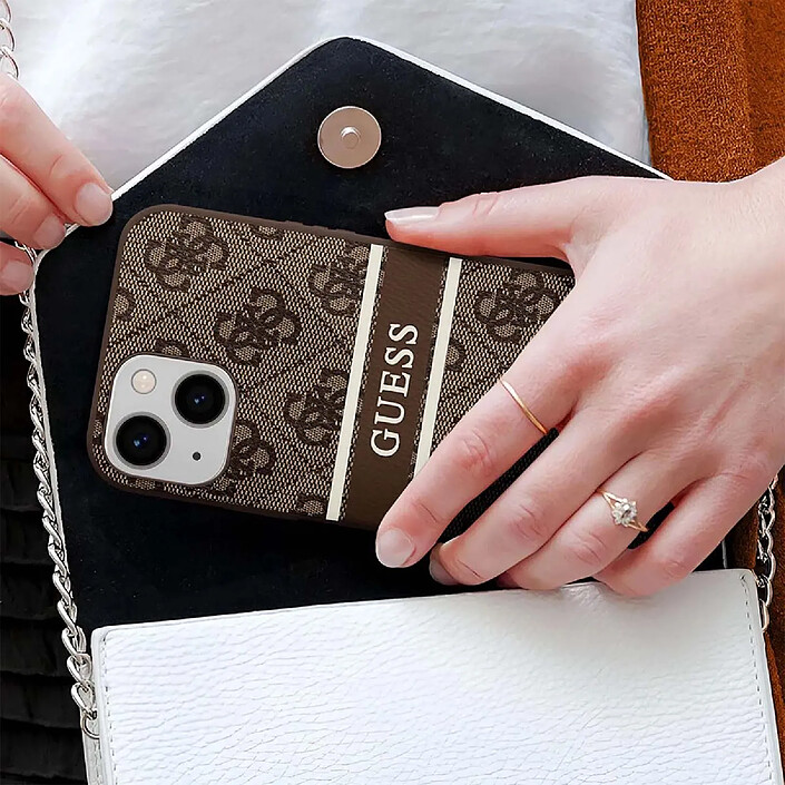 Avis Guess Coque pour Apple iPhone 13 Mini PU 4G Stripe Marron