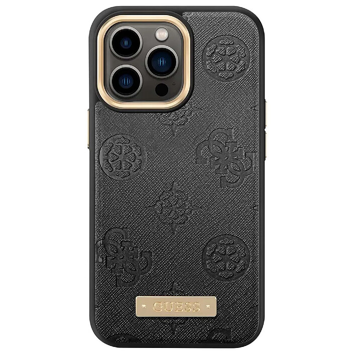 Guess Coque Magsafe pour Apple iPhone 13 Pro Max PU Peony Metal Plate Noir
