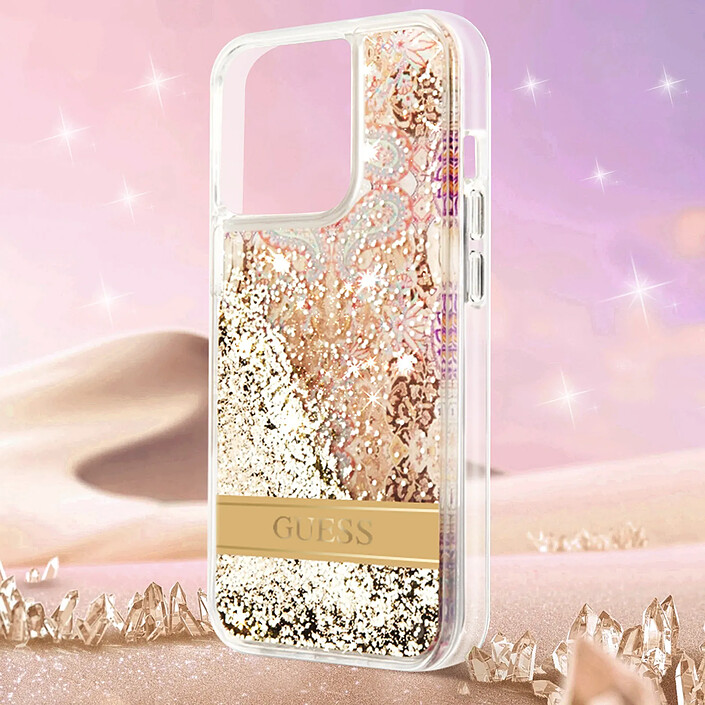 Guess Coque pour Apple iPhone 14 Pro Flowers à paillettes flottantes Dorée pas cher