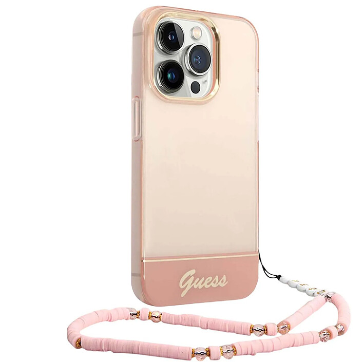 Guess Coque pour Apple iPhone 14 Pro Colors avec lanière perlée Rose