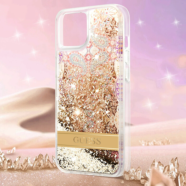 Guess Coque pour Apple iPhone 14 Plus Flowers à paillettes flottantes Dorée pas cher