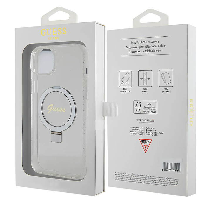 Guess Coque Magsafe pour Apple iPhone 15 Plus TPU Ring Stand Transparent pas cher