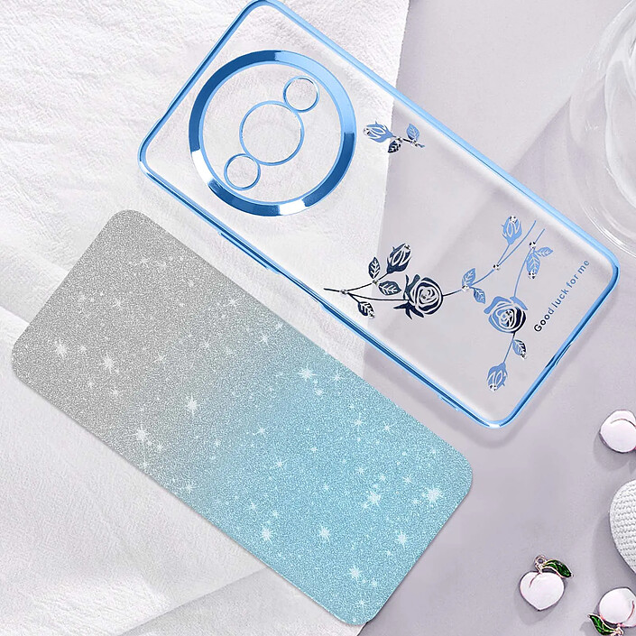 Avis Avizar Coque Fleurs Pailletées pour Xiaomi Redmi A3 Silicone Bague Support Bleu clair