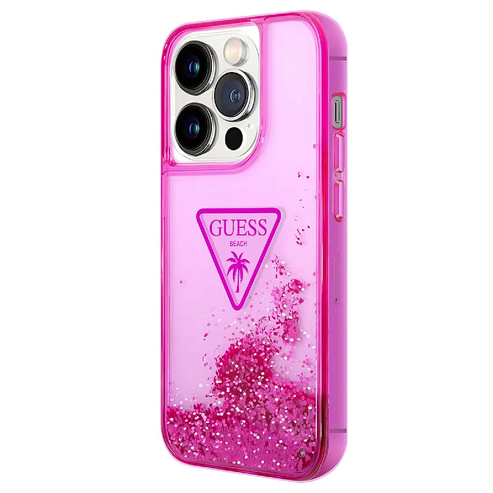 Guess Coque pour Apple iPhone 14 Pro Glitter Palm à paillettes Rose