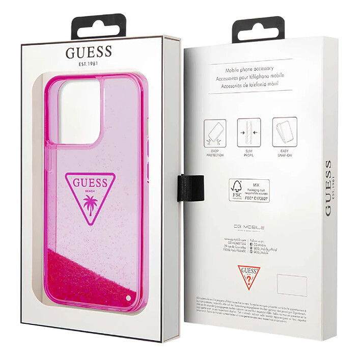 Guess Coque pour Apple iPhone 14 Glitter Palm à paillettes Rose pas cher