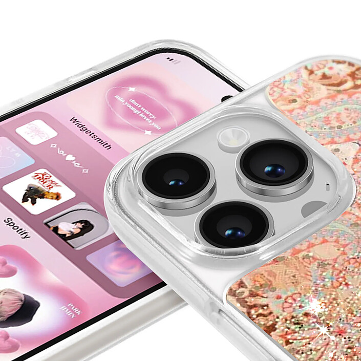 Avis Guess Coque pour Apple iPhone 14 Pro Flowers à paillettes flottantes Dorée