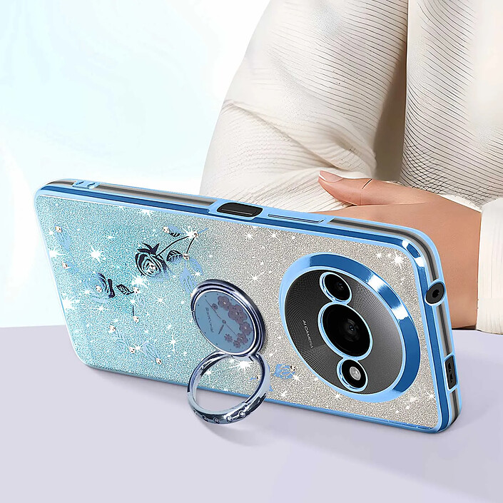 Avizar Coque Fleurs Pailletées pour Xiaomi Redmi A3 Silicone Bague Support Bleu clair pas cher