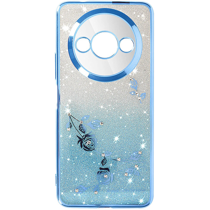 Avizar Coque Fleurs Pailletées pour Xiaomi Redmi A3 Silicone Bague Support Bleu clair