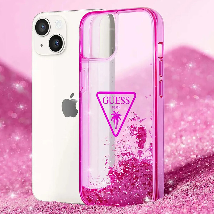 Avis Guess Coque pour Apple iPhone 14 Glitter Palm à paillettes Rose
