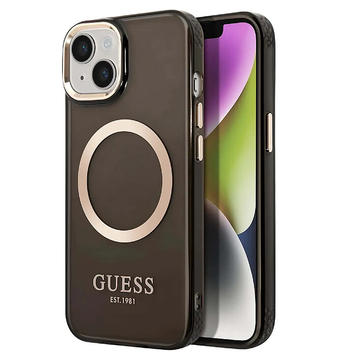Guess Coque Magsafe pour Apple iPhone 14 TPU Gold Outline Noir