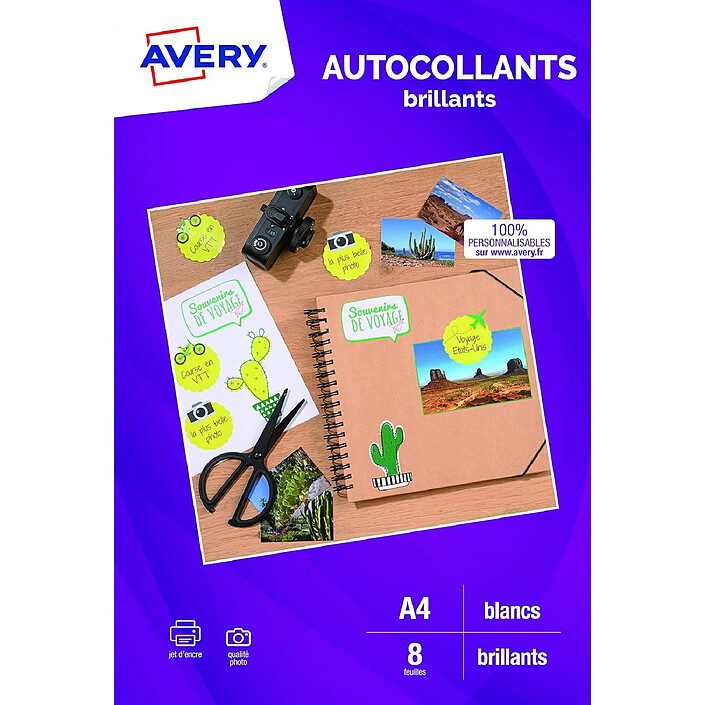 AVERY C9410BR - 8 autocollants brillants qualité photo, A4, blanc, jet d'encre