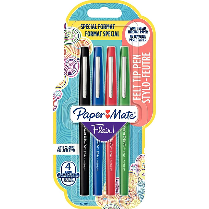 PAPER MATE Pochette de 4 feutres Flair Original Pointe Moyenne assortis