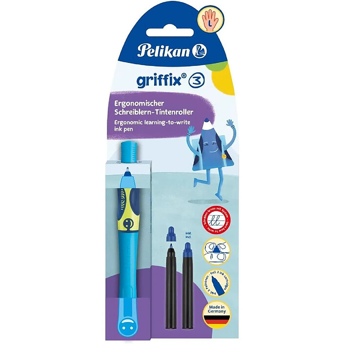 PELIKAN Stylo Roller Griffix Spécial GAUCHERS Neon Fresh Blue à Cartouche