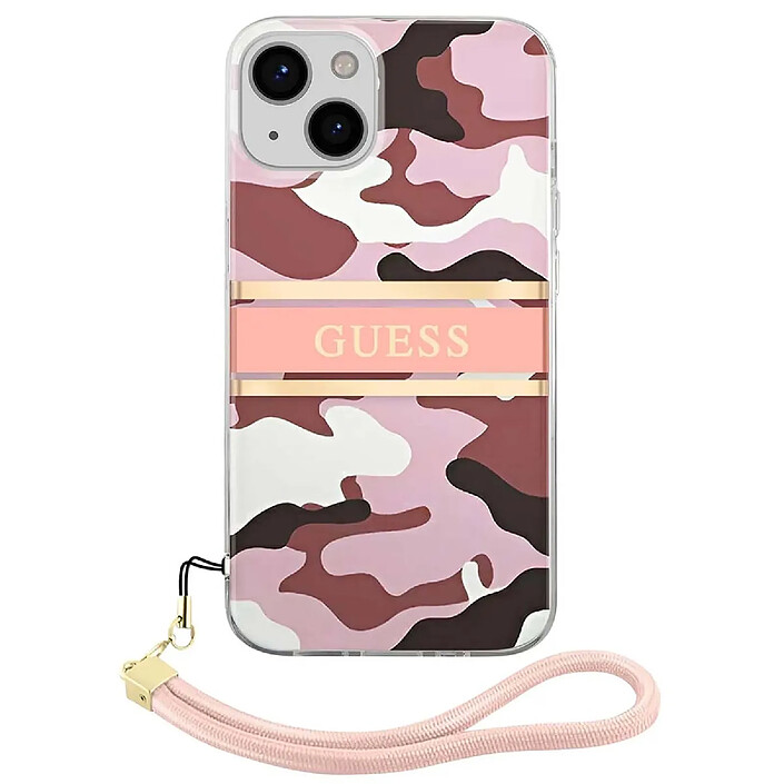 Guess Coque pour Apple iPhone 13 Mini Camo avec lanière nylon Rose