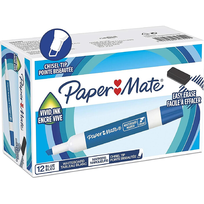 PAPER MATE Marqueur tableau blanc, pointe biseautée, bleu x 12