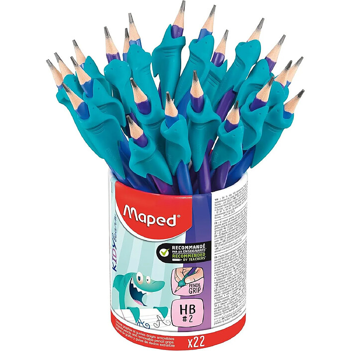 MAPED Pot 22 Crayons Graphite HB2 + Guide-doigts Requin Kidy Learn