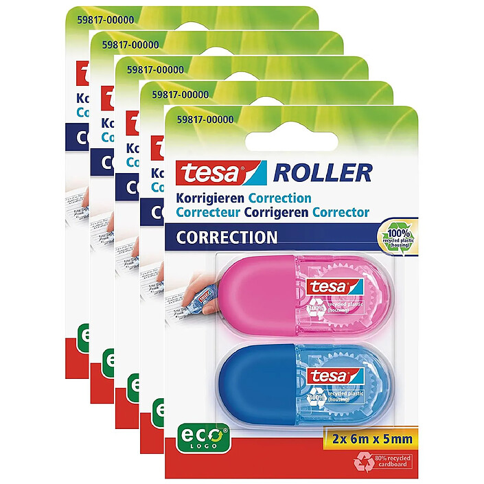 TESA Pack 2 Mini Rollers de Correction Design Ergonomique Multicolore - 6 m x 5 mm x 5