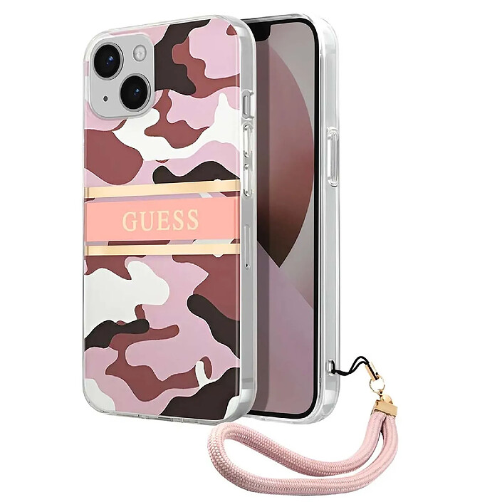 Guess Coque pour Apple iPhone 13 Mini Camo avec lanière nylon Rose pas cher