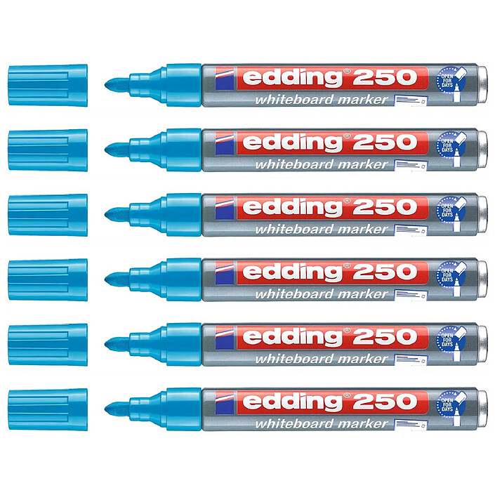 EDDING Marqueur Tableaux blancs 250 Bleu Clair Corps Alu Pointe Ronde 1,5-3 mm x 6
