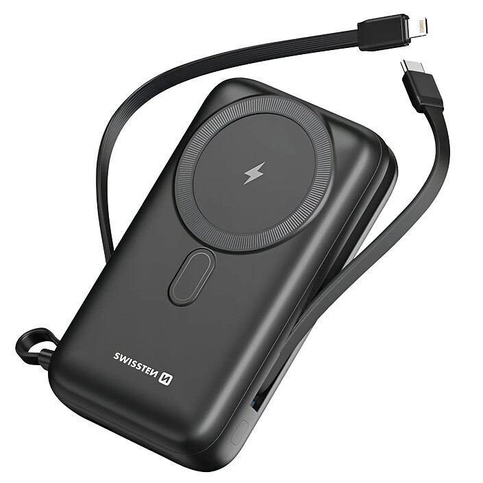 Swissten Powerbank MagSafe 20000mAh avec Câble USB-C / Lightning intégrés Qi 20W Compact Noir