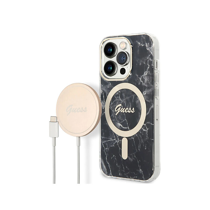Guess Bundle Coque pour iPhone 14 Pro Motif Marbré et Chargeur Sans Fil Qi Magsafe 15W Noir