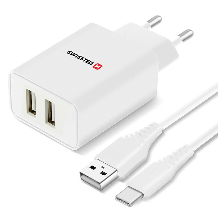 Swissten Chargeur Secteur Double USB 2.1A Smart IC + Câble USB-C Blanc