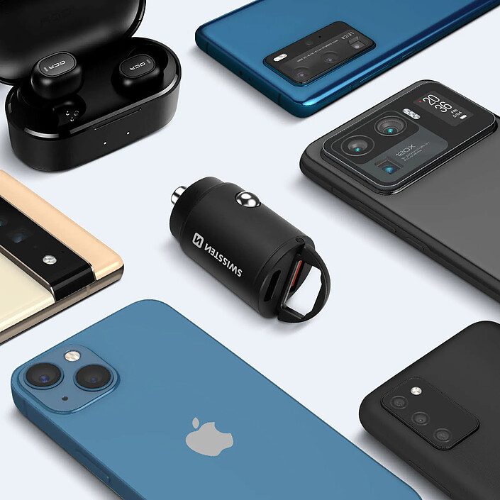 Swissten Chargeur Voiture Ultra-compact avec Sorties USB-C et USB 30W Nano Noir pas cher