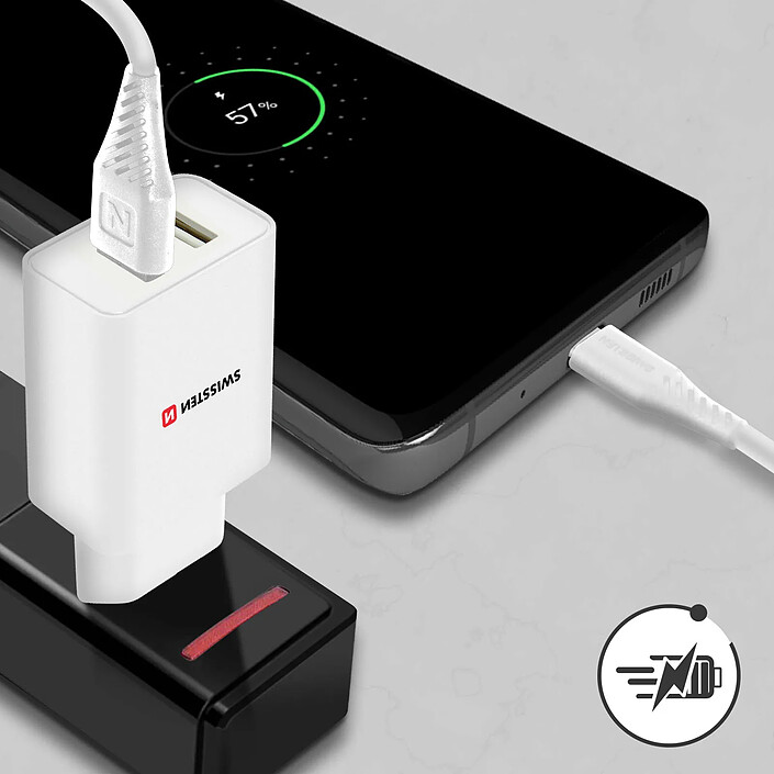 Swissten Chargeur Secteur Double USB 2.1A Smart IC + Câble USB-C Blanc pas cher