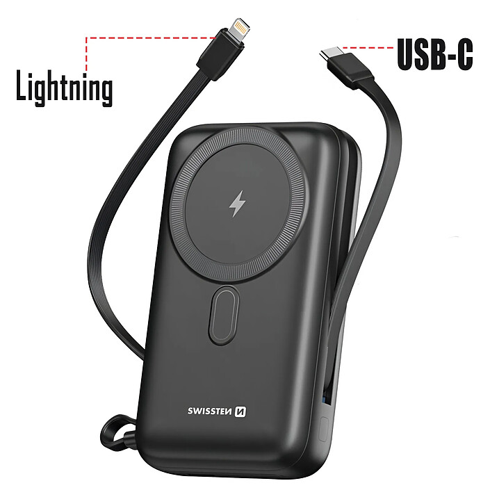 Acheter Swissten Powerbank MagSafe 20000mAh avec Câble USB-C / Lightning intégrés Qi 20W Compact Noir