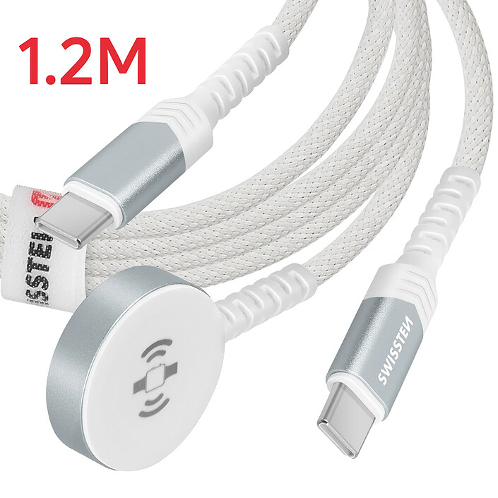 Acheter Swissten Câble USB-C 2 en 1 pour Smartwatch 2.5W / USB-C Power Delivery 60W 1.2m Blanc