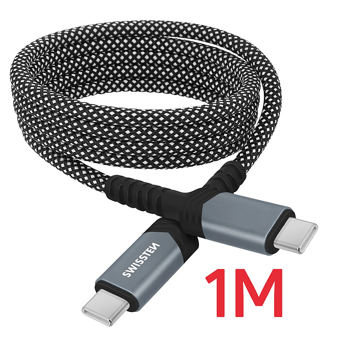 Swissten Câble USB-C vers USB-C 60W Charge Rapide avec Enroulement Magnétique Anti-nœuds Noir pas cher