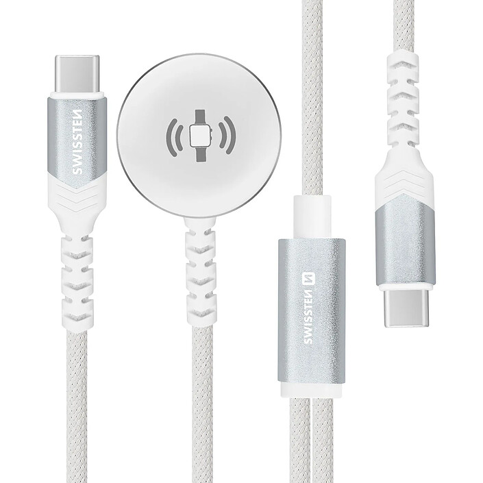 Swissten Câble USB-C 2 en 1 pour Smartwatch 2.5W / USB-C Power Delivery 60W 1.2m Blanc