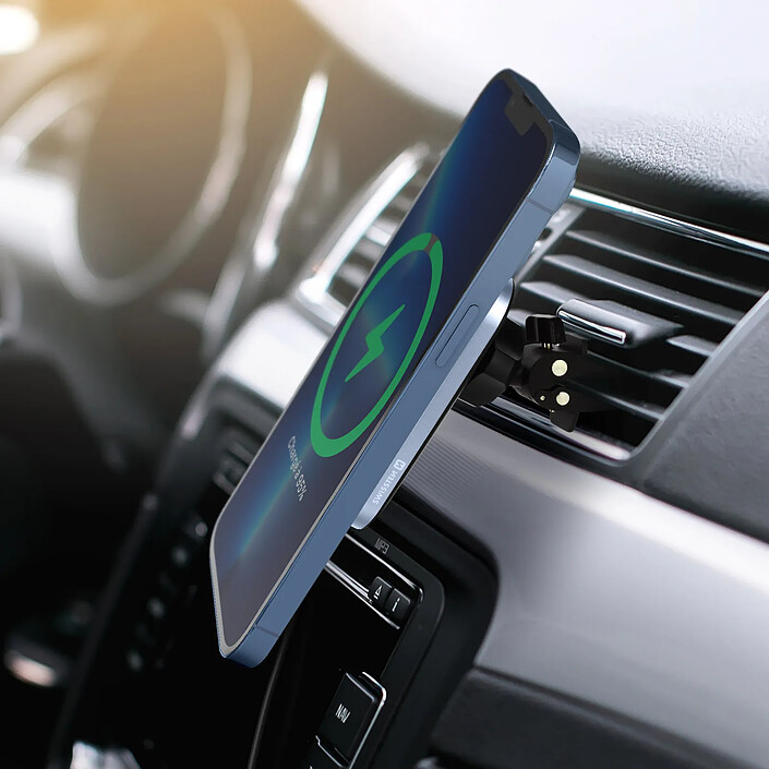 Avis swissten Support Voiture Magsafe iPhone Charge Rapide 15W Grille d'Aération Noir Swissten